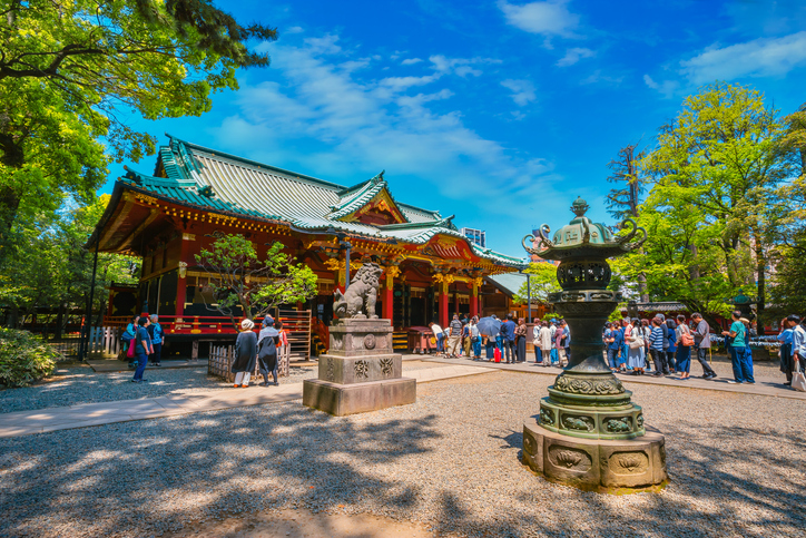 根津神社の拝殿でお参り