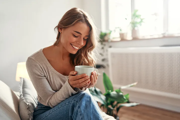 自宅でココアを飲む女性