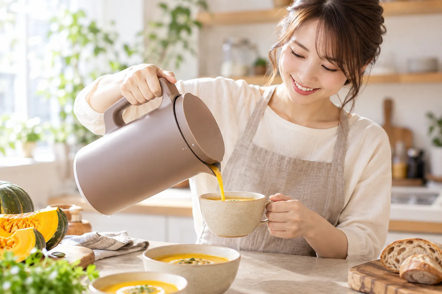 自動調理ポットからスープを注ぐ女性